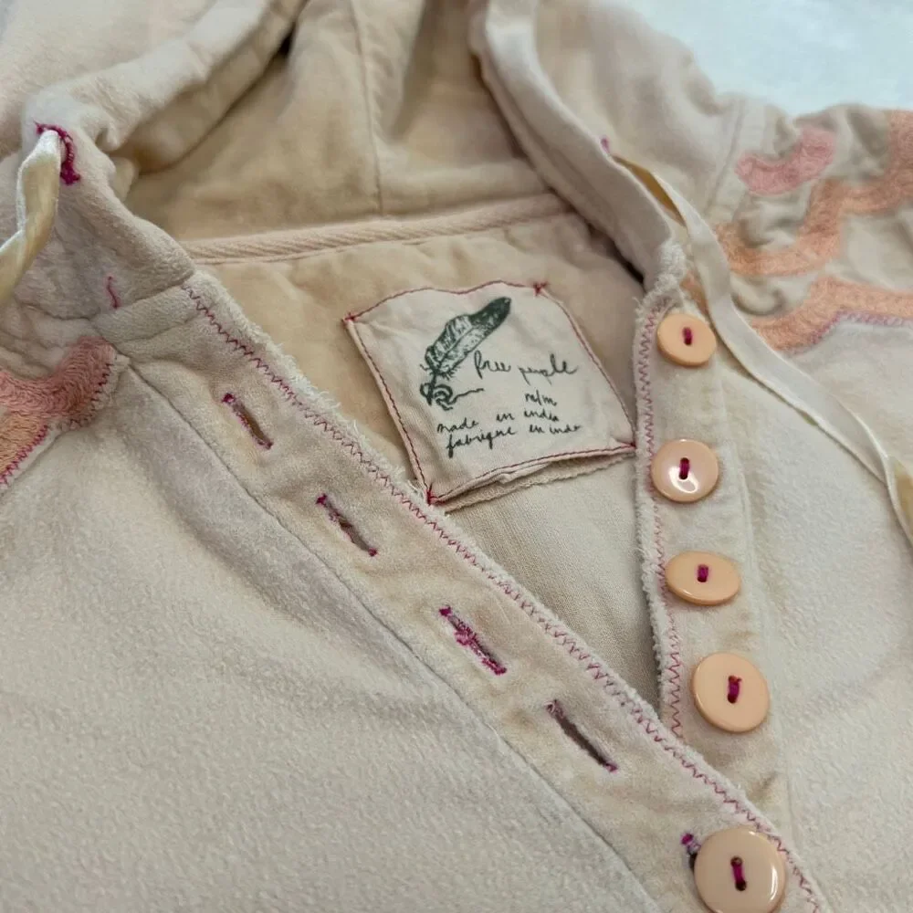 Free People Peach Floral Embroidered Pull-Over Hoodie Velvet Accents Medium Weig